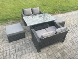 Fimous Garden Furniture Sets Poly Rattan Outdoor Patio Height Adjustable Rising Lifting Table Sofa Dining Set With 2 Big Footstool - thumbnail 2