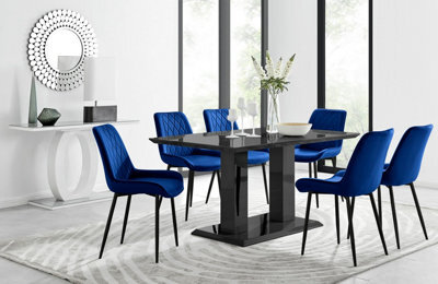 Furniturebox Imperia Black High Gloss 6 Seater Dining Table With Structural 2 Plinth Column Legs 6 Navy Velvet Black Leg Pesaro Chairs - image 1