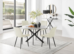 Furniturebox Uk Novara Grey Concrete Effect Black Leg 120Cm Round Dining Table & 4 Cream Pesaro Black Leg Chairs