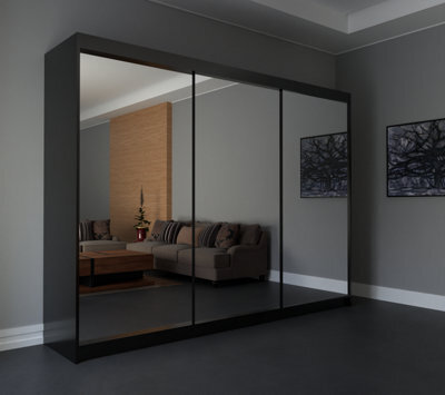 RAC3 Sliding Wardrobe With Mirror Space Saving Bedroom Wardrobe, Contemporary Bedroom Sliding Wardrobe & Mirror Wardrobe (Black 250Cm) - image 1