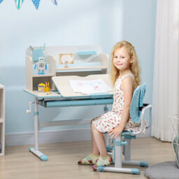 Homcom Kids Desk And Chair Set With Storage Shelves, Washable Cover - Blue