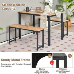 3 Pcs Natural Table Set Dining Table & 2 Benches Kitchen Space Saving Furniture - thumbnail 6