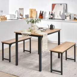 3 Pcs Natural Table Set Dining Table & 2 Benches Kitchen Space Saving Furniture - thumbnail 5