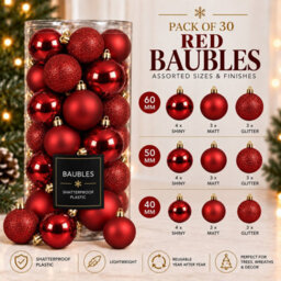 Decoris 30 Red Baubles Shatterproof Christmas Tree Hanging Decoration - thumbnail 4