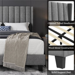 Yaheetech Bed Frame With Channel Tufted Headboard - Light Grey / King - thumbnail 4
