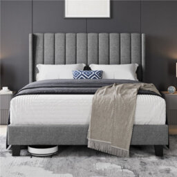 Yaheetech Bed Frame With Channel Tufted Headboard - Light Grey / King - thumbnail 1