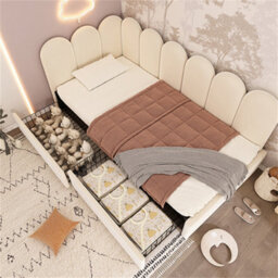 Abrihome Velvet Kids' Daybed With Storage Drawer, 3Ft Single Sofa Bed For Children & Adults (90X190Cm), Wood Slat Support, Beige - thumbnail 9