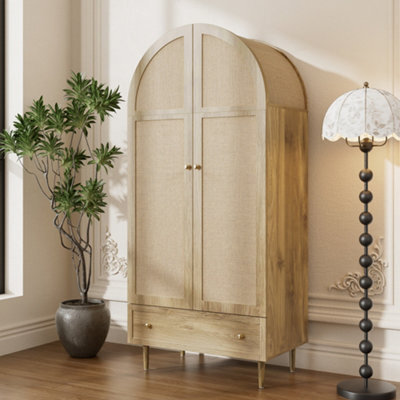 Matteo Elegant Arch-Top Wardrobe With Fabric Doors And Drawer - Wood Effect - image 1