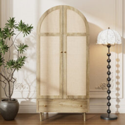 Matteo Elegant Arch-Top Wardrobe With Fabric Doors And Drawer - Wood Effect - thumbnail 2