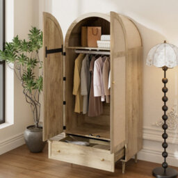 Matteo Elegant Arch-Top Wardrobe With Fabric Doors And Drawer - Wood Effect - thumbnail 3