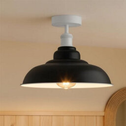Vintage Flush Mount Ceiling Lighting E27 Holder With 32Cm Black Inner White Lampshade Easy Fit Metal Semi Light Fitting