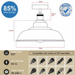 Vintage Flush Mount Ceiling Lighting E27 Holder With 32Cm Black Inner White Lampshade Easy Fit Metal Semi Light Fitting - thumbnail 3