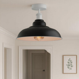 Vintage Flush Mount Ceiling Lighting E27 Holder With 32Cm Black Inner White Lampshade Easy Fit Metal Semi Light Fitting - thumbnail 2