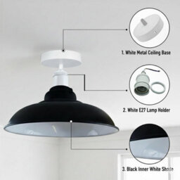 Vintage Flush Mount Ceiling Lighting E27 Holder With 32Cm Black Inner White Lampshade Easy Fit Metal Semi Light Fitting - thumbnail 6