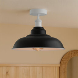 Vintage Flush Mount Ceiling Lighting E27 Holder With 32Cm Black Inner White Lampshade Easy Fit Metal Semi Light Fitting - thumbnail 9