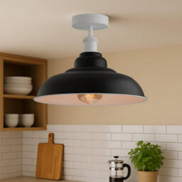 Vintage Flush Mount Ceiling Lighting E27 Holder With 32Cm Black Inner White Lampshade Easy Fit Metal Semi Light Fitting - thumbnail 8