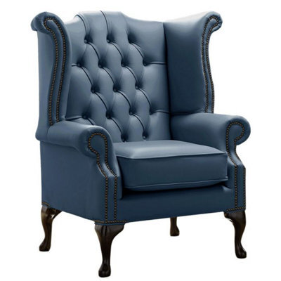 Chesterfield High Back Wing Chair Shelly Majolica Blue Leather Bespoke In Queen Anne Style - image 1