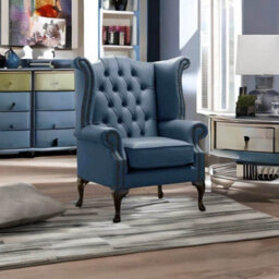 Chesterfield High Back Wing Chair Shelly Majolica Blue Leather Bespoke In Queen Anne Style - thumbnail 2