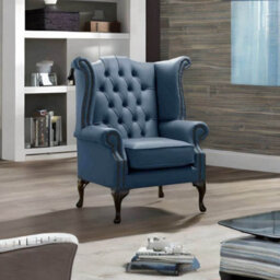 Chesterfield High Back Wing Chair Shelly Majolica Blue Leather Bespoke In Queen Anne Style - thumbnail 3