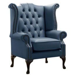 Chesterfield High Back Wing Chair Shelly Majolica Blue Leather Bespoke In Queen Anne Style - thumbnail 1