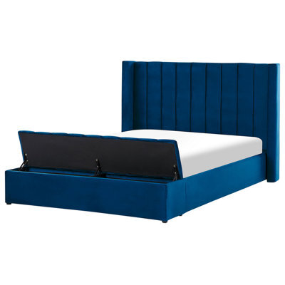 Beliani Bed With Storage Bench Velvet Noyers 160 X 200 Cm (Eu King Size) Navy Blue - image 1