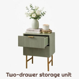 Sage Ribbed Bedside Table 2 Drawers Bronze Legs Bedroom Side Table - thumbnail 1