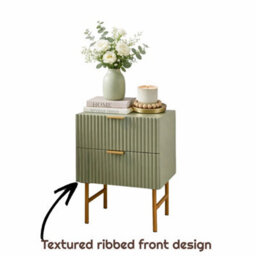 Sage Ribbed Bedside Table 2 Drawers Bronze Legs Bedroom Side Table - thumbnail 3