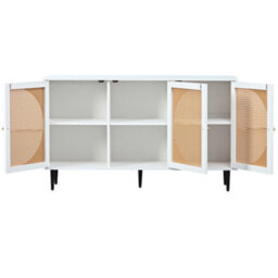 Sideboard With 3 Rattan Decorated Doors, Highboard With Metal Handles, For Bedroom & Living Room & Office, White, 129.8 X 40 X 76 - thumbnail 3
