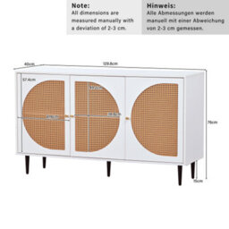Sideboard With 3 Rattan Decorated Doors, Highboard With Metal Handles, For Bedroom & Living Room & Office, White, 129.8 X 40 X 76 - thumbnail 2