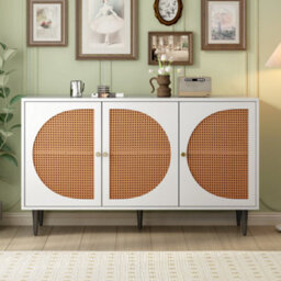 Sideboard With 3 Rattan Decorated Doors, Highboard With Metal Handles, For Bedroom & Living Room & Office, White, 129.8 X 40 X 76