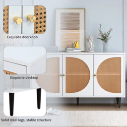 Sideboard With 3 Rattan Decorated Doors, Highboard With Metal Handles, For Bedroom & Living Room & Office, White, 129.8 X 40 X 76 - thumbnail 4