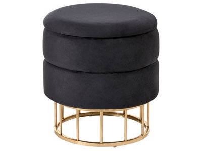 Wyld And Coco Luxehaven Black Velvet Storage Pouffe With Gold Iron Base, 37Cm Diameter, Round Multi-Functional Seat And Footstool - image 1