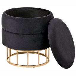 Wyld And Coco Luxehaven Black Velvet Storage Pouffe With Gold Iron Base, 37Cm Diameter, Round Multi-Functional Seat And Footstool - thumbnail 4
