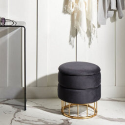 Wyld And Coco Luxehaven Black Velvet Storage Pouffe With Gold Iron Base, 37Cm Diameter, Round Multi-Functional Seat And Footstool - thumbnail 2
