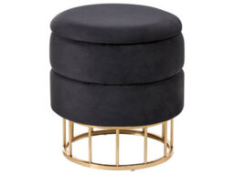 Wyld And Coco Luxehaven Black Velvet Storage Pouffe With Gold Iron Base, 37Cm Diameter, Round Multi-Functional Seat And Footstool - thumbnail 1