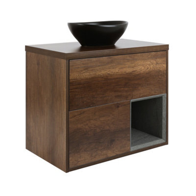 Homestylestore Dark Oak 800mm Led Lit Wall Hung Bathroom Vanity Unit Oval Countertop Graphite Basin Open Shelf - image 1