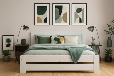 Nodax Double Bed Frame, F1, Solid Pine Wood, Easy Assembly, Sturdy Slats & Extra Support Legs, 4Ft 6In White Finish - image 1