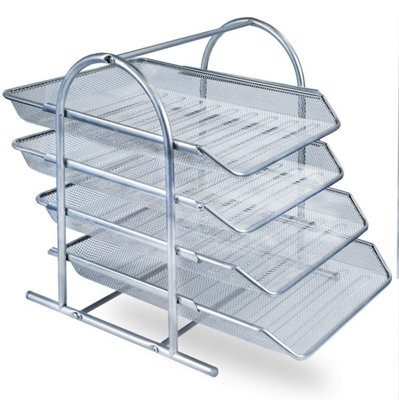 Kav Mesh Desk Organizer 4 Tier Letter Tray For Office And Home Space-Saving Document Storage Steel Mesh Construction(Silver)