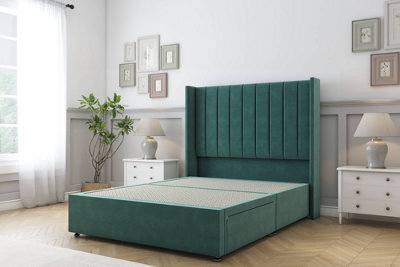 "Sloomy Falcon Emerald Plush Divan Bed Base 2 Drawers Foot-End With 54"" Wingback Headboard 4'6 Double" - image 1