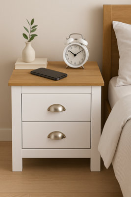 Home Treats White & Pine 2 Drawer Bedside Table, Modern Wooden Nightstand With Pine Top - image 1
