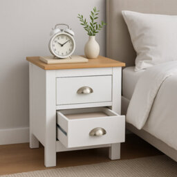 Home Treats White & Pine 2 Drawer Bedside Table, Modern Wooden Nightstand With Pine Top - thumbnail 3