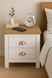 Home Treats White & Pine 2 Drawer Bedside Table, Modern Wooden Nightstand With Pine Top - thumbnail 1