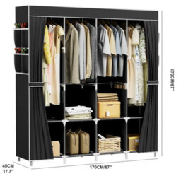 Black Fabric Wardrobe Hanging Rail Shelves Clothes Storage Cupboard - thumbnail 2