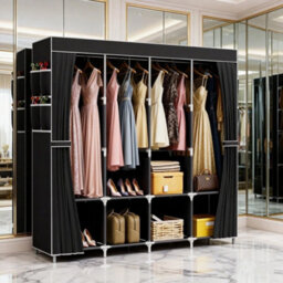 Black Fabric Wardrobe Hanging Rail Shelves Clothes Storage Cupboard