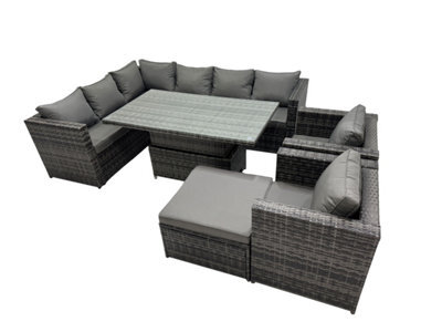 Fimous 9-Seater Height Adjustable Rising Lifting Table Corner Sofa Set Rattan Garden Furniture Set With Big Stool Dark Grey Mixed - image 1