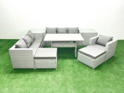 Fimous 9 Pieces Outdoor Rattan Sofa Set Cushions Patio Garden Furniture Sets Armchair Dining Table 2 Side Tables 2 Stools - thumbnail 1