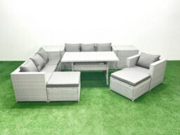 Fimous 9 Pieces Outdoor Rattan Sofa Set Cushions Patio Garden Furniture Sets Armchair Dining Table 2 Side Tables 2 Stools - thumbnail 2