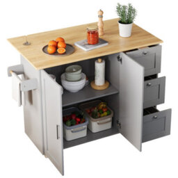 Matteo Rolling Kitchen Island Trolley With Foldable Oak-Effect Tabletop - Grey - thumbnail 9