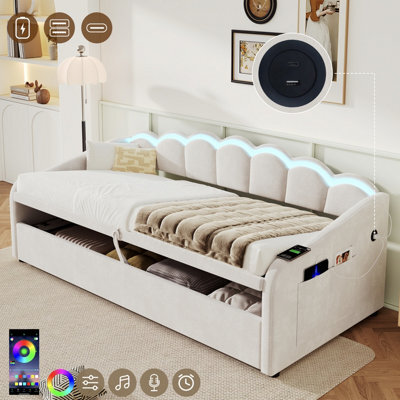 Abrihome 3Ft Single Velvet Daybed 90X190Cm With Petal Shaped Headboard, Rgb Led Lighting, Charging Station And Hydraulic Storage, Beige - image 1