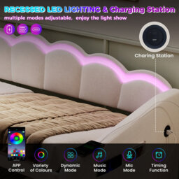 Abrihome 3Ft Single Velvet Daybed 90X190Cm With Petal Shaped Headboard, Rgb Led Lighting, Charging Station And Hydraulic Storage, Beige - thumbnail 2